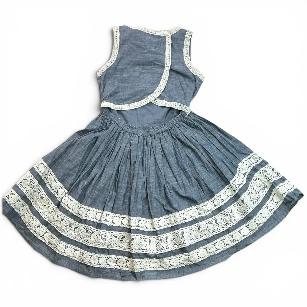 Kaisely Blue Chambray Lace Trim Open Back Dress Kids Size 10 Cottagecore Boho